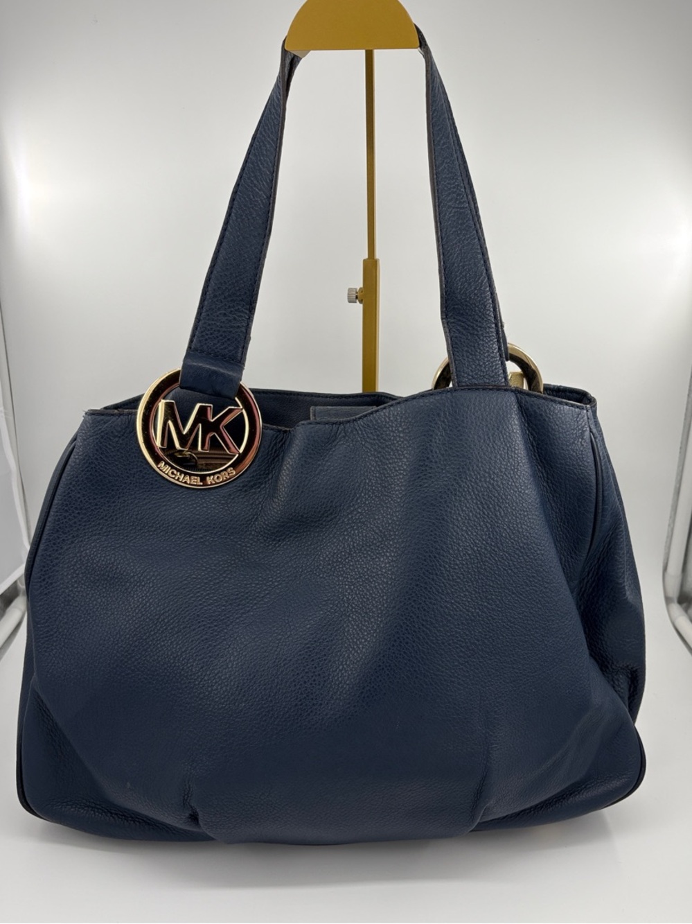 Michael Kors Navy Blue Leather Shoulder Bag with Gold MK Charm